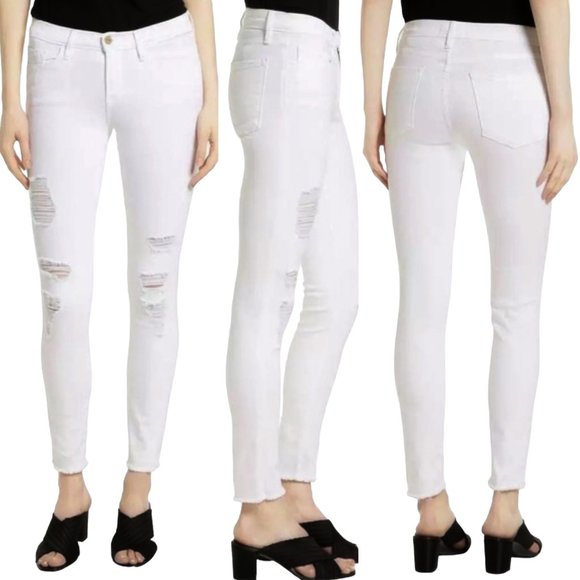 Frame Le Skinny De Jeanne Low-Rise Distressed Jeans in Ripped Blanc White Sz 24 - Picture 1 of 12
